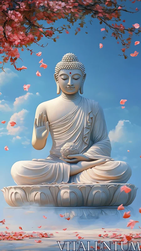 White seated Buddha statue with petals in blue sky scene.
