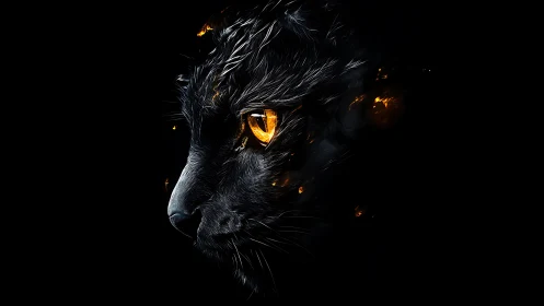 Black cat profile with molten amber eye in deep shadow
