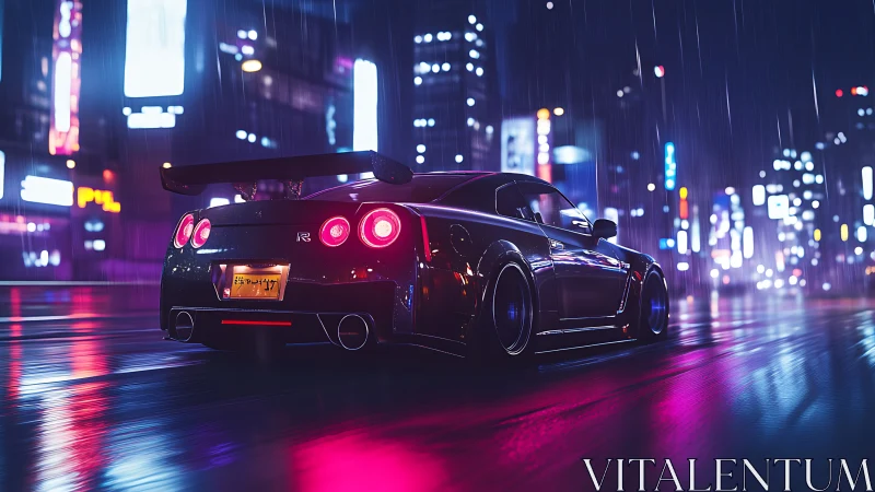 Rear three-quarter supercar in neon-soaked rainy night city street