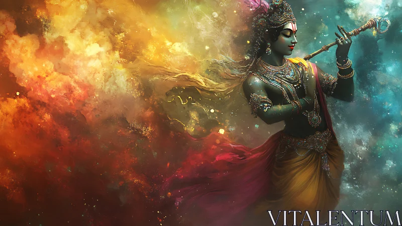 Divine figure playing flute amid swirling cosmic colors.