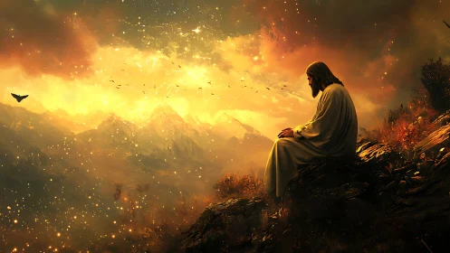 Quiet robed figure resting beneath a glowing golden sky.