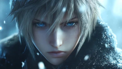 Frost-eyed wanderer beneath a storm of silent snowflakes.