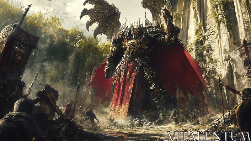 Winged warlord ascends in ember-lit ruin of shattered kingdoms.