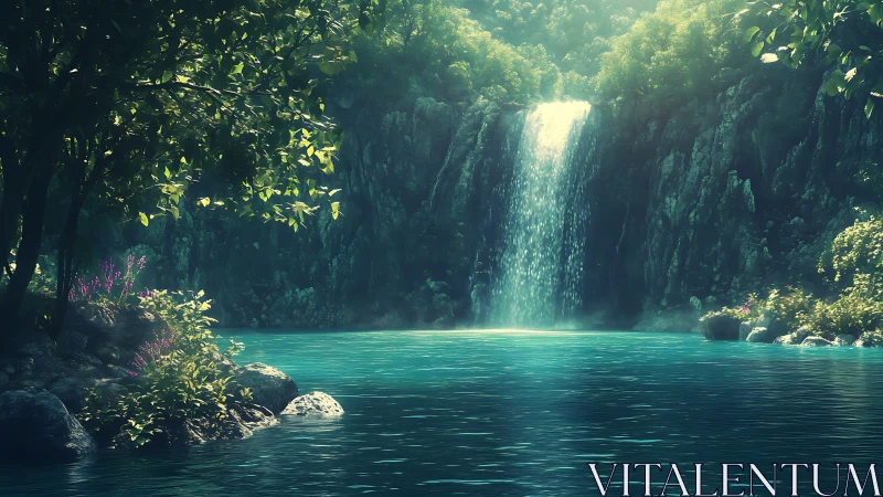 Sunlit forest waterfall pours into a tranquil turquoise pool