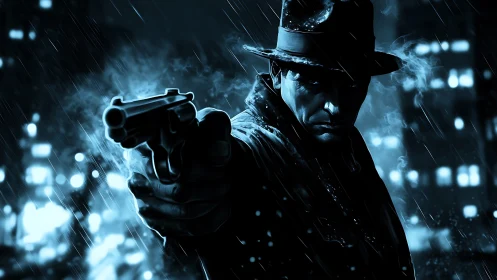 Noir detective aiming revolver in rainy night city street.