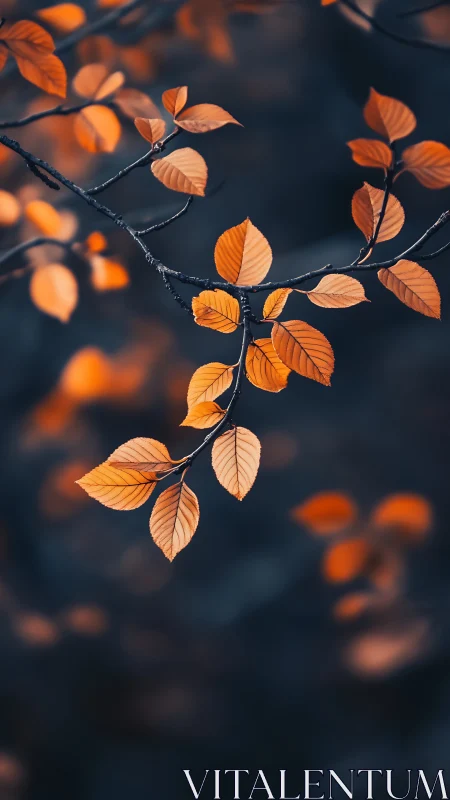 Amber leaves drift like quiet sparks in deep twilight hush.