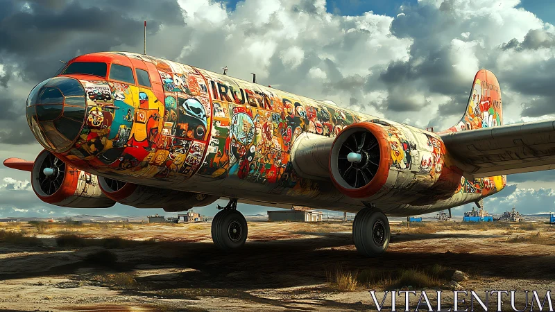 Graffiti‑covered propeller airliner stands on desert runway