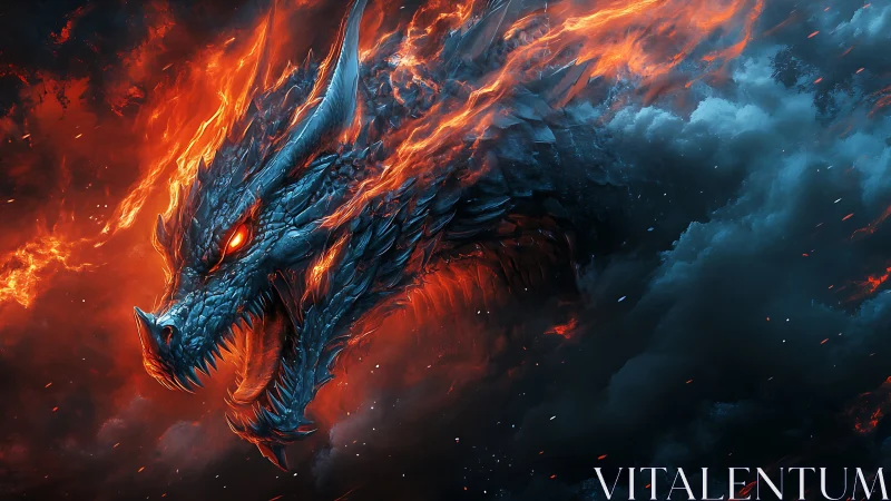 Blazing storm dragon rising from fire and swirling smoke.