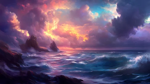 Dreamy stormlit shoreline where vivid waves meet skyfire.