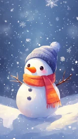 Snowman in orange scarf under drifting illustrated snowflakes