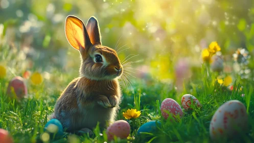 Spring meadow bunny amid glowing Easter eggs at dawn.