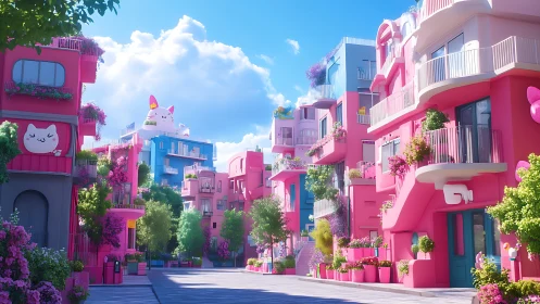 Whimsical Pink Urban Street with Anime-Inspired Architecture.