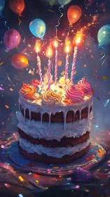Luminescent Birthday Cake with Incandescent Candles and Floating Balloons.