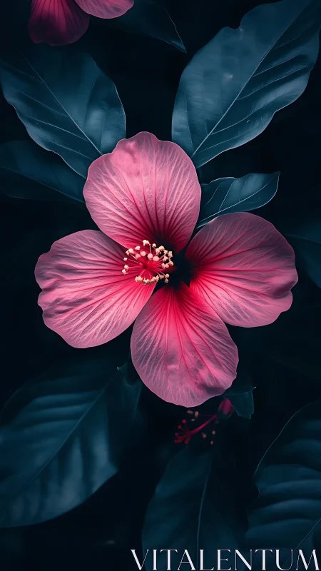 Pink Hibiscus Blooming in Teal Shadows.