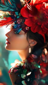 Woman in vivid feathered headdress and floral costume.