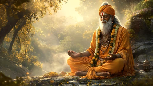 Digital painting of meditative sage in luminous forest setting.