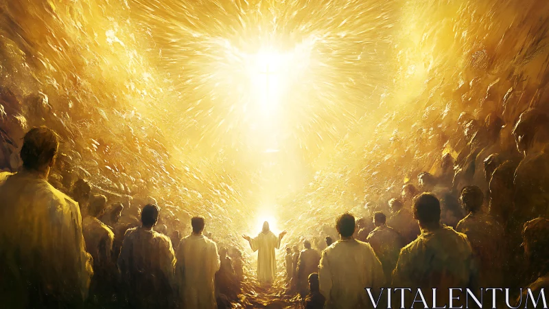 Radiant gathering before central luminous divine figure.