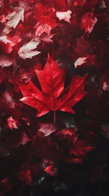 Red maple leaf composition on dark seasonal foliage background.