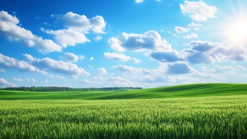 Sunlit green meadow under bright blue sky with clouds.