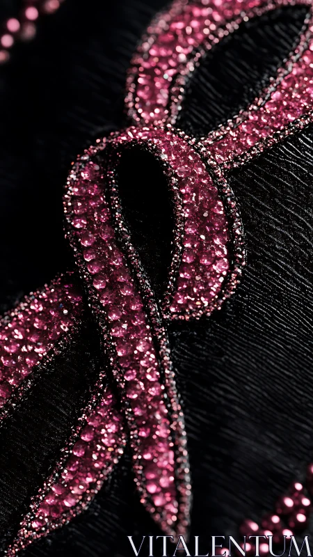Pink crystal awareness ribbon sparkles on dark textured fabric