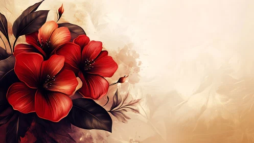 Red Flowers with Dark Foliage Against Cream Background.