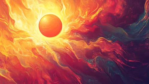 Solar flare sphere amid swirling cosmic firestorm.