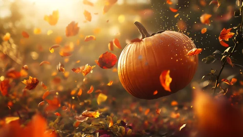 Orange pumpkin floats among swirling autumn leaves outdoors.