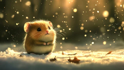 Tiny winter hamster under soft golden snowlight.