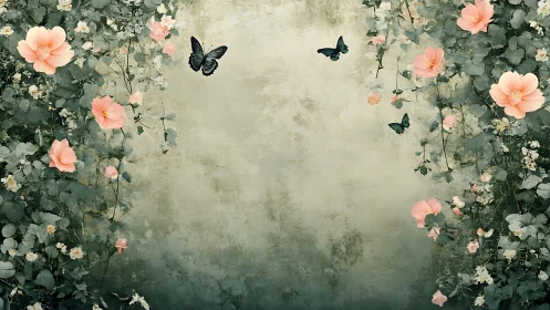 Romantic Garden Reverie with Floral Frame and Butterflies.