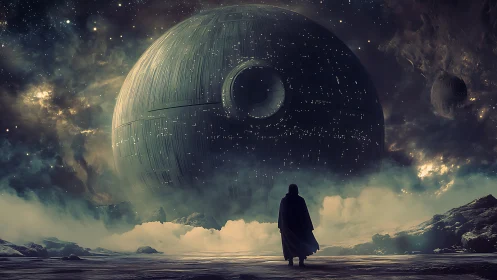 Hooded figure studies colossal orbital battle station at dusk