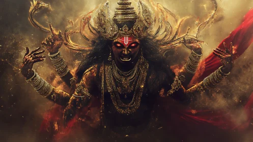 Fierce goddess erupts from swirling gold smoke and crimson winds