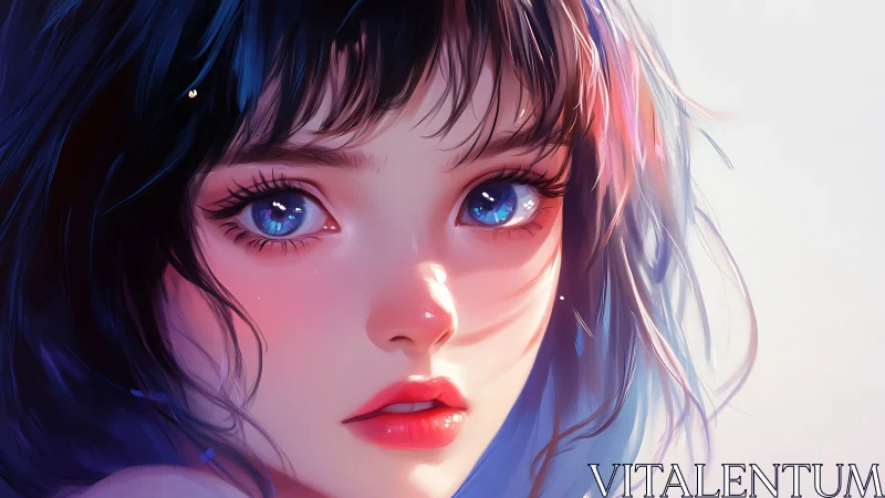 Close digital portrait of young woman with blue eyes.