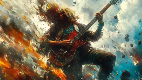 Electric guitarist unleashes firestorm in swirling sky.