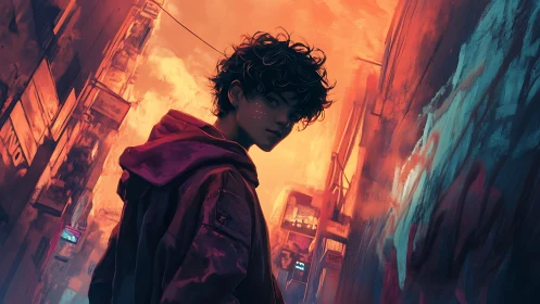 Moody city alley wanderer wrapped in glowing sunset light.