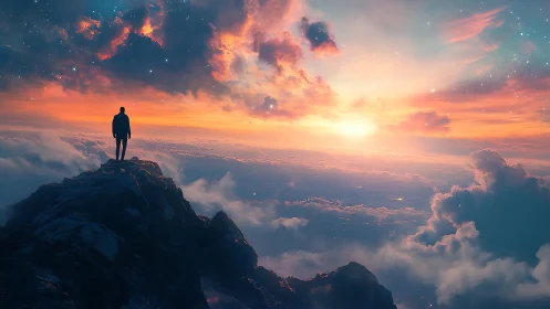 Solitary figure gazes over ethereal clouds at cosmic sunrise.