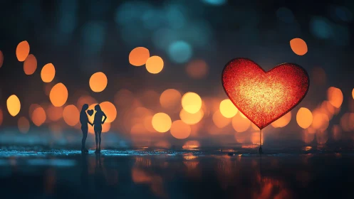 Couple Contemplating Glowing Heart Against Urban Bokeh Backdrop.