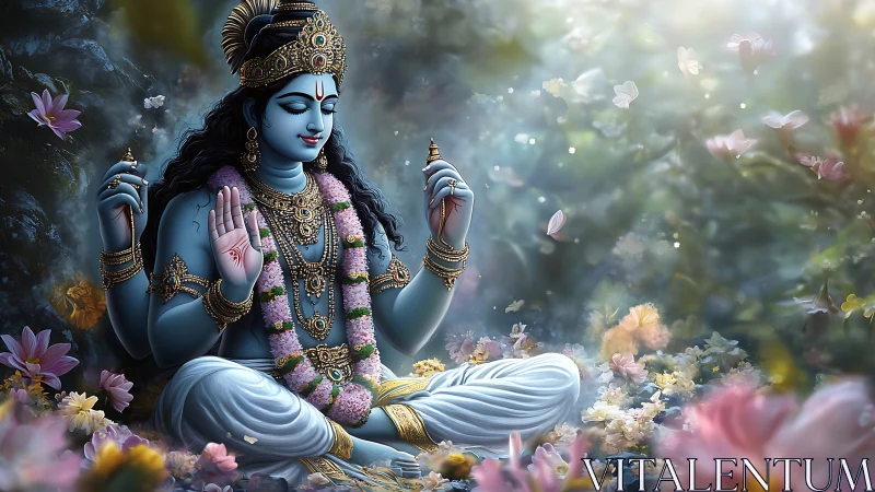 Blue-skinned Hindu deity meditating in flower-filled grove.