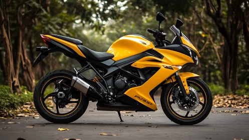 Sport motorcycle in vivid yellow fairing on forest road.