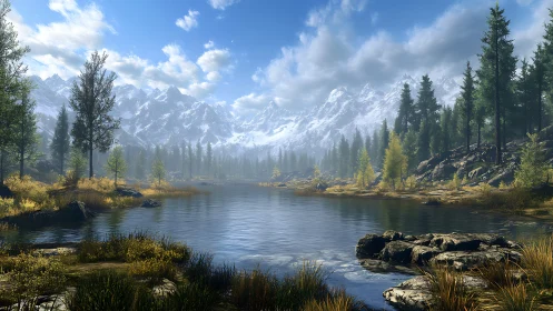 Serene alpine lake mirrors snow peaks under crisp blue skies