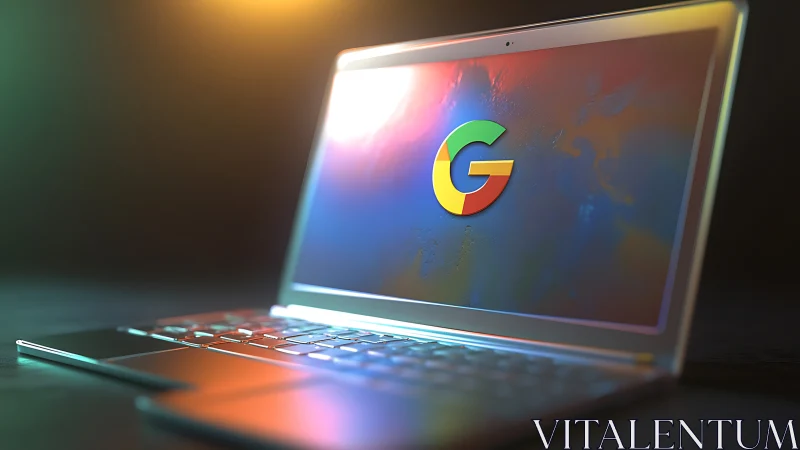 Chromebook display with multicolor logo under spectral glow.