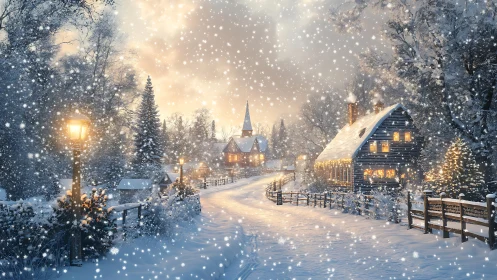 Snowy village lane glows with cozy winter window lights