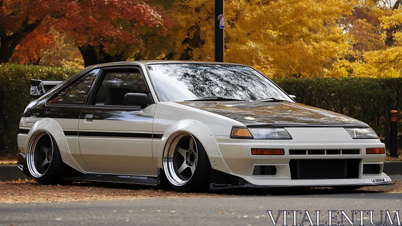 Stanced Toyota AE86 with aero kit under autumn foliage canopy.