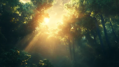 Luminous Forest Canopy with Crepuscular Light Rays.