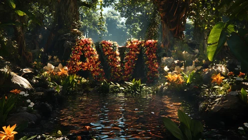 Floral AI letter sculpture glows beside reflective jungle pond