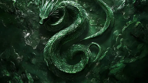 Emerald serpentine dragon coils dynamically in crystalline depths