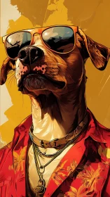 Stylized dog portrait in sunglasses and patterned shirt.