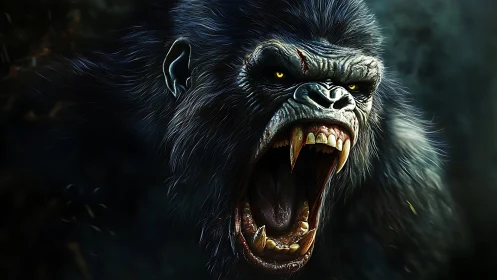 Ferocious giant ape roaring with bared fangs in darkness.