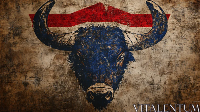 Blue buffalo portrait dominates rustic textured mural wall.