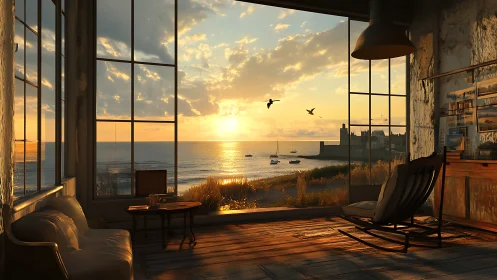 Sunlit loft interior overlooking coastal fortress at sunset