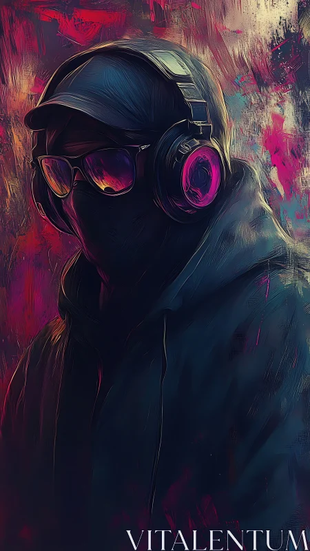Cyberpunk hooded listener in neon-saturated digital portrait.